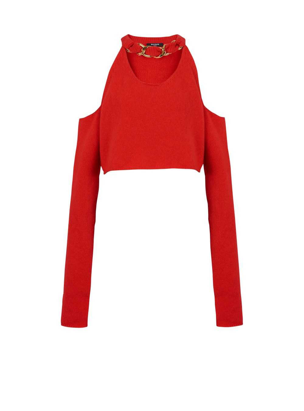 Balmain Cropped Knit Sweater Red | VLPKBOQ-19