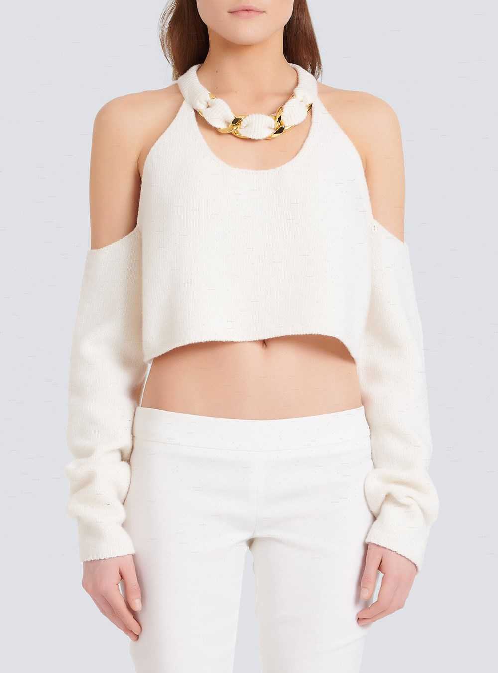 Balmain Cropped Knit Sweater White | RLGMJZI-41