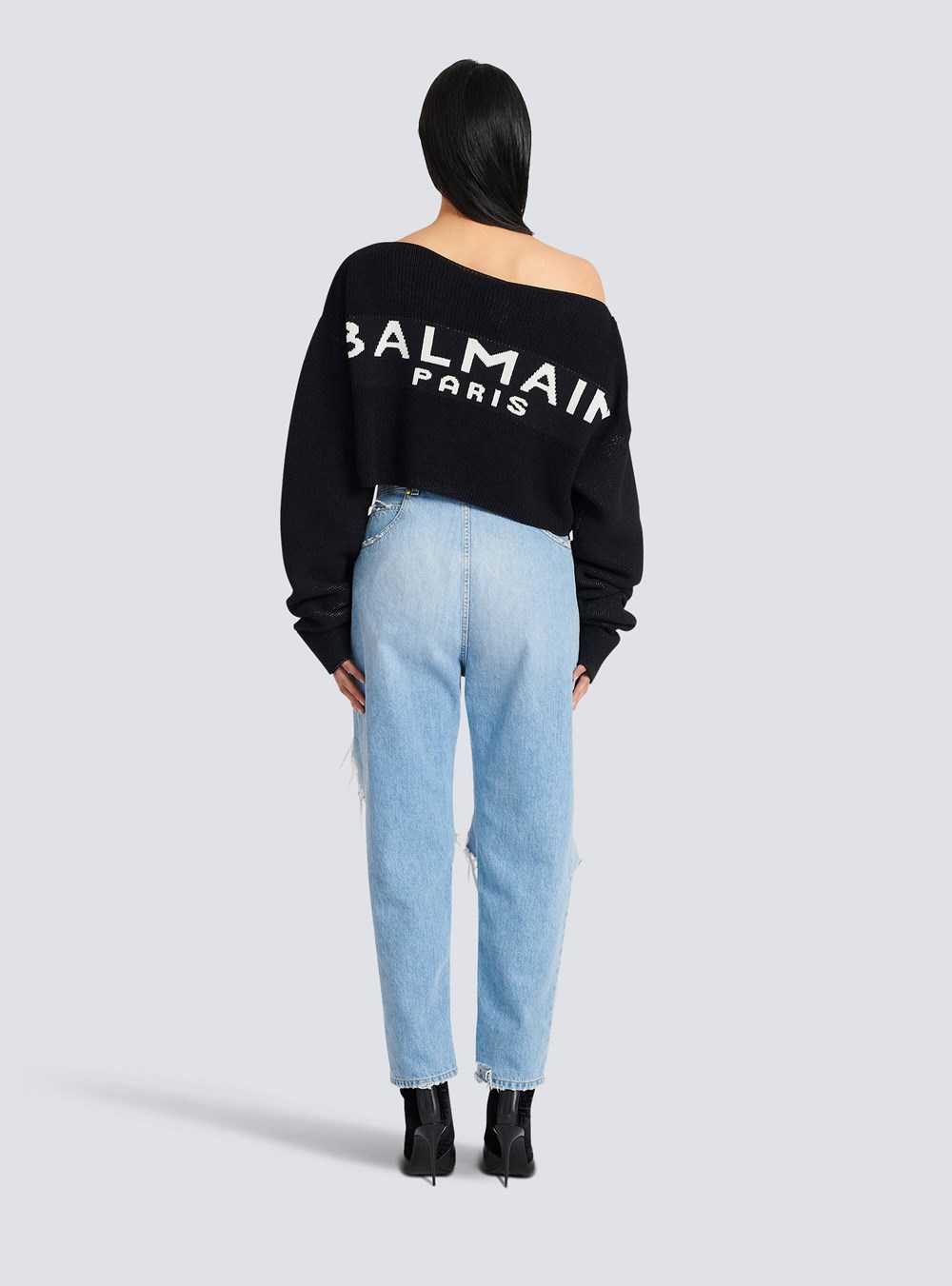 Balmain Cropped Knit Sweater With Graffiti Balmain Logo Print Black | FIRMNSJ-07