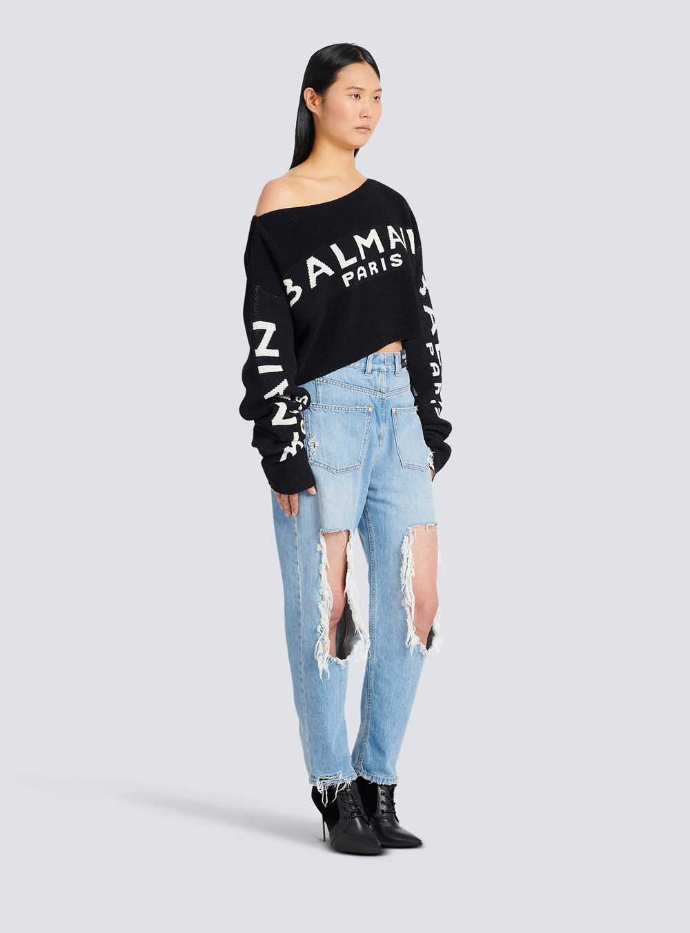 Balmain Cropped Knit Sweater With Graffiti Balmain Logo Print Black | FIRMNSJ-07