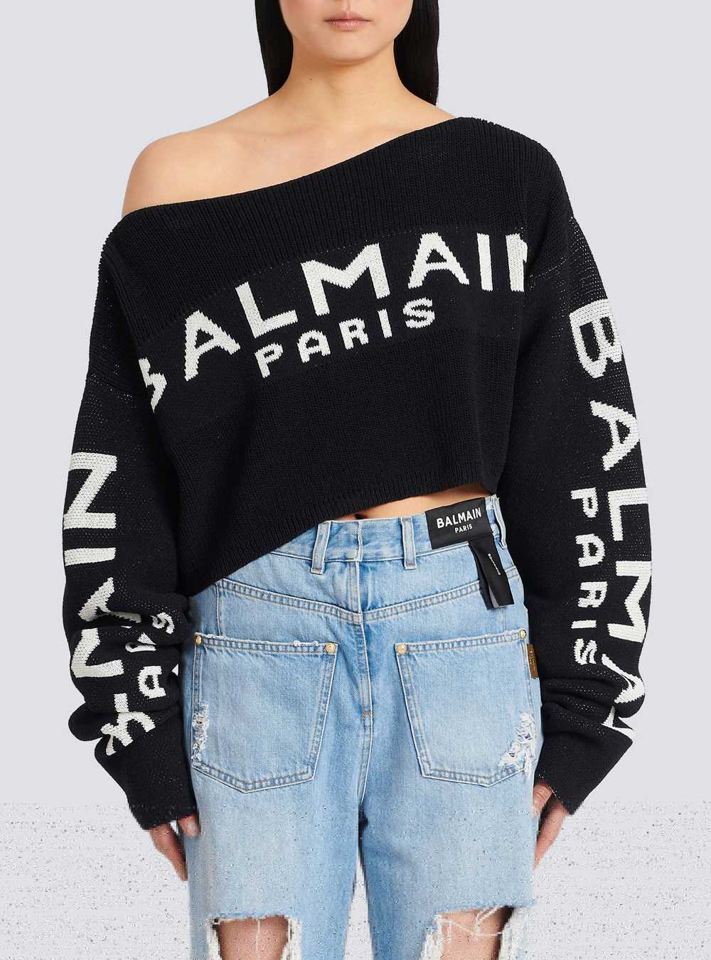 Balmain Cropped Knit Sweater With Graffiti Balmain Logo Print Black | FIRMNSJ-07