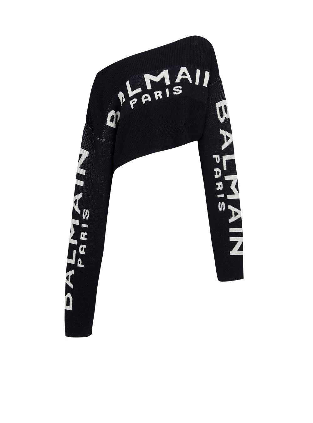 Balmain Cropped Knit Sweater With Graffiti Balmain Logo Print Black | FIRMNSJ-07