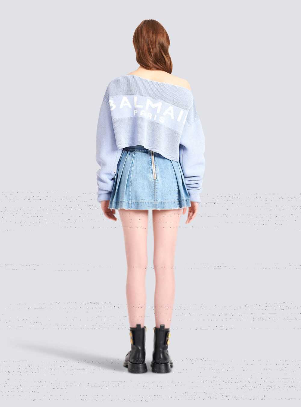 Balmain Cropped Knit Sweater With Graffiti Balmain Logo Print Blue | GHYXWSN-40