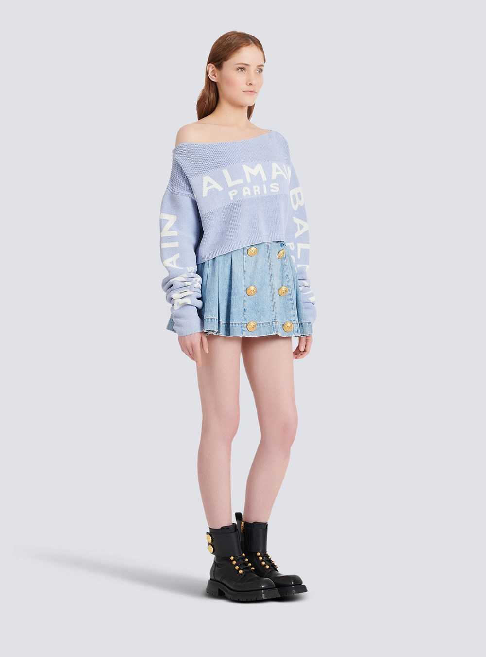 Balmain Cropped Knit Sweater With Graffiti Balmain Logo Print Blue | GHYXWSN-40