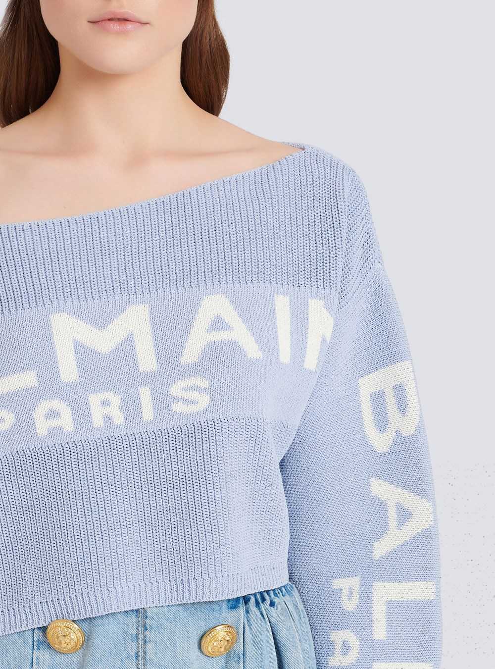 Balmain Cropped Knit Sweater With Graffiti Balmain Logo Print Blue | GHYXWSN-40