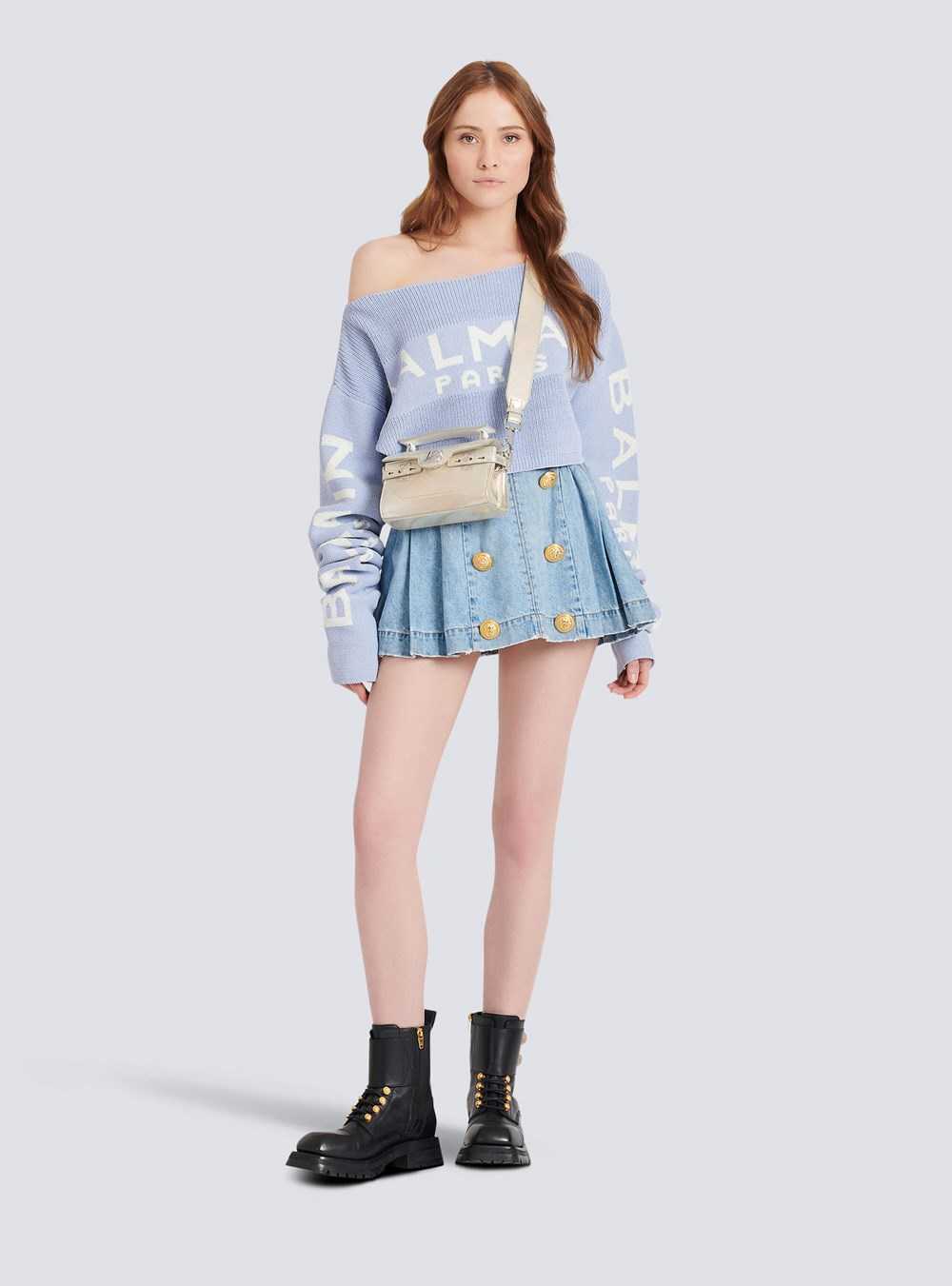 Balmain Cropped Knit Sweater With Graffiti Balmain Logo Print Blue | GHYXWSN-40