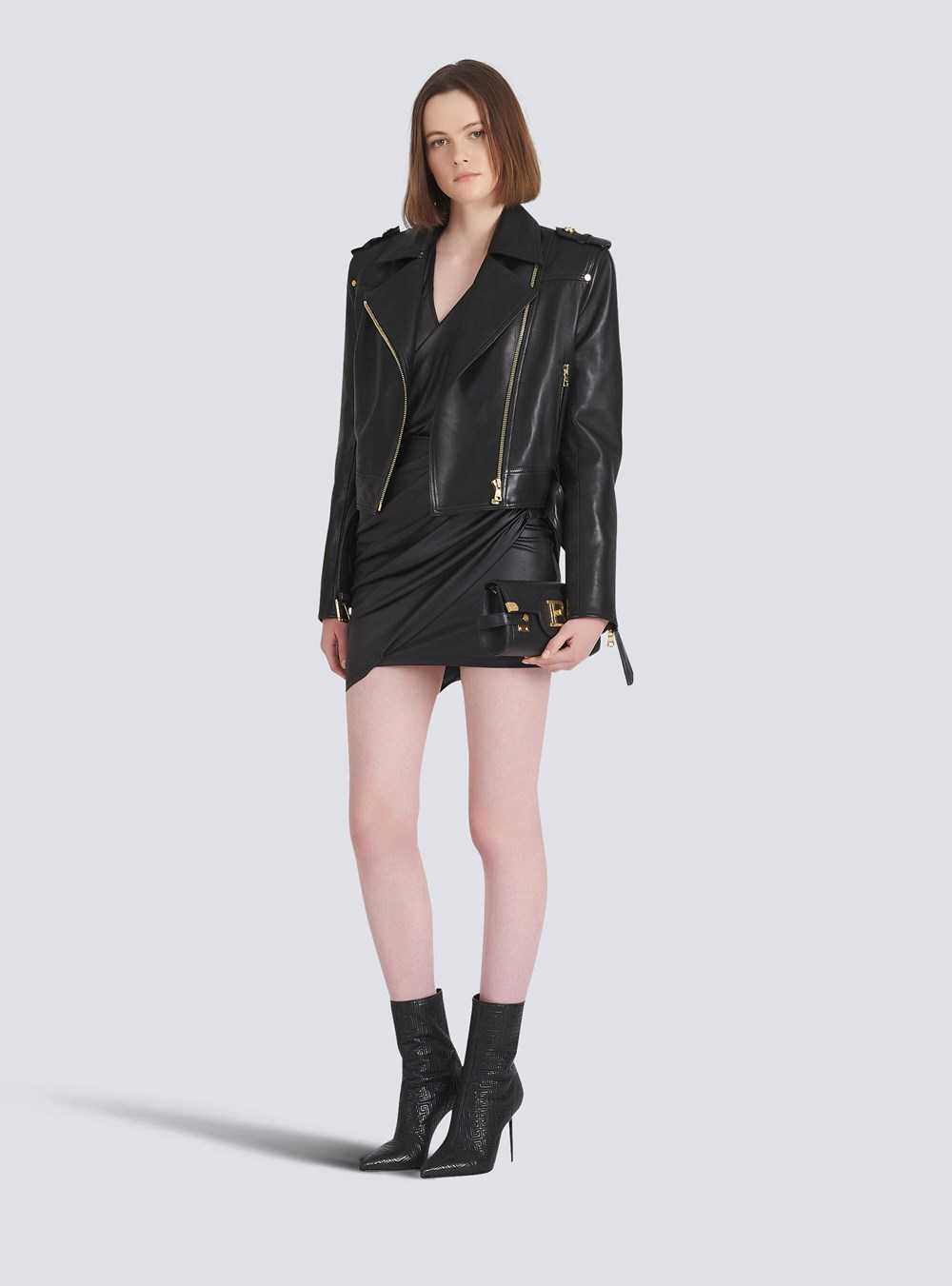 Balmain Cropped Leather Biker Jacket Black | EBCLXZS-49