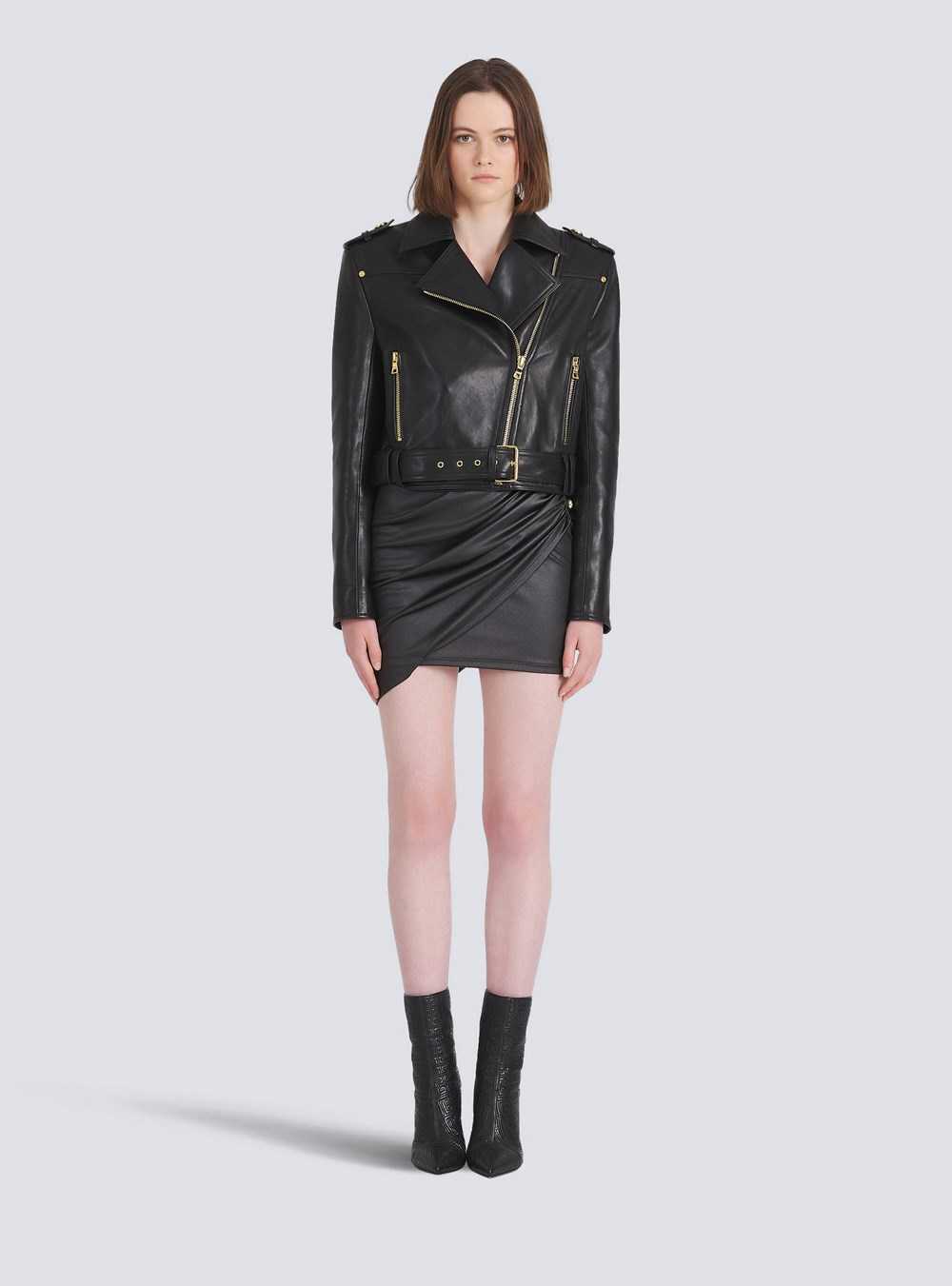 Balmain Cropped Leather Biker Jacket Black | EBCLXZS-49