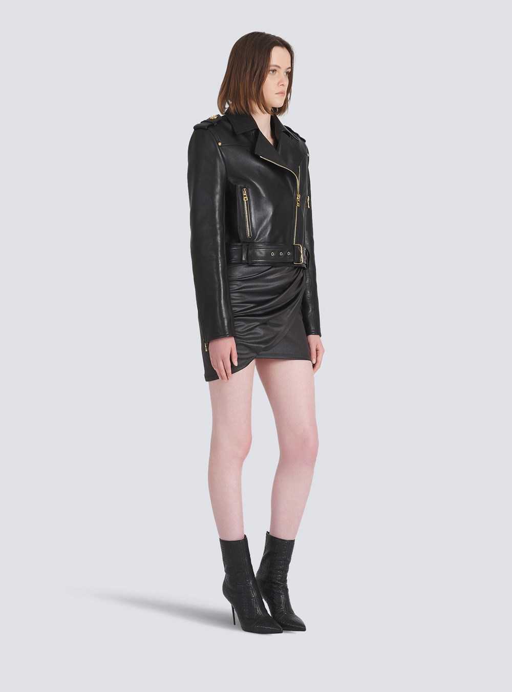 Balmain Cropped Leather Biker Jacket Black | EBCLXZS-49