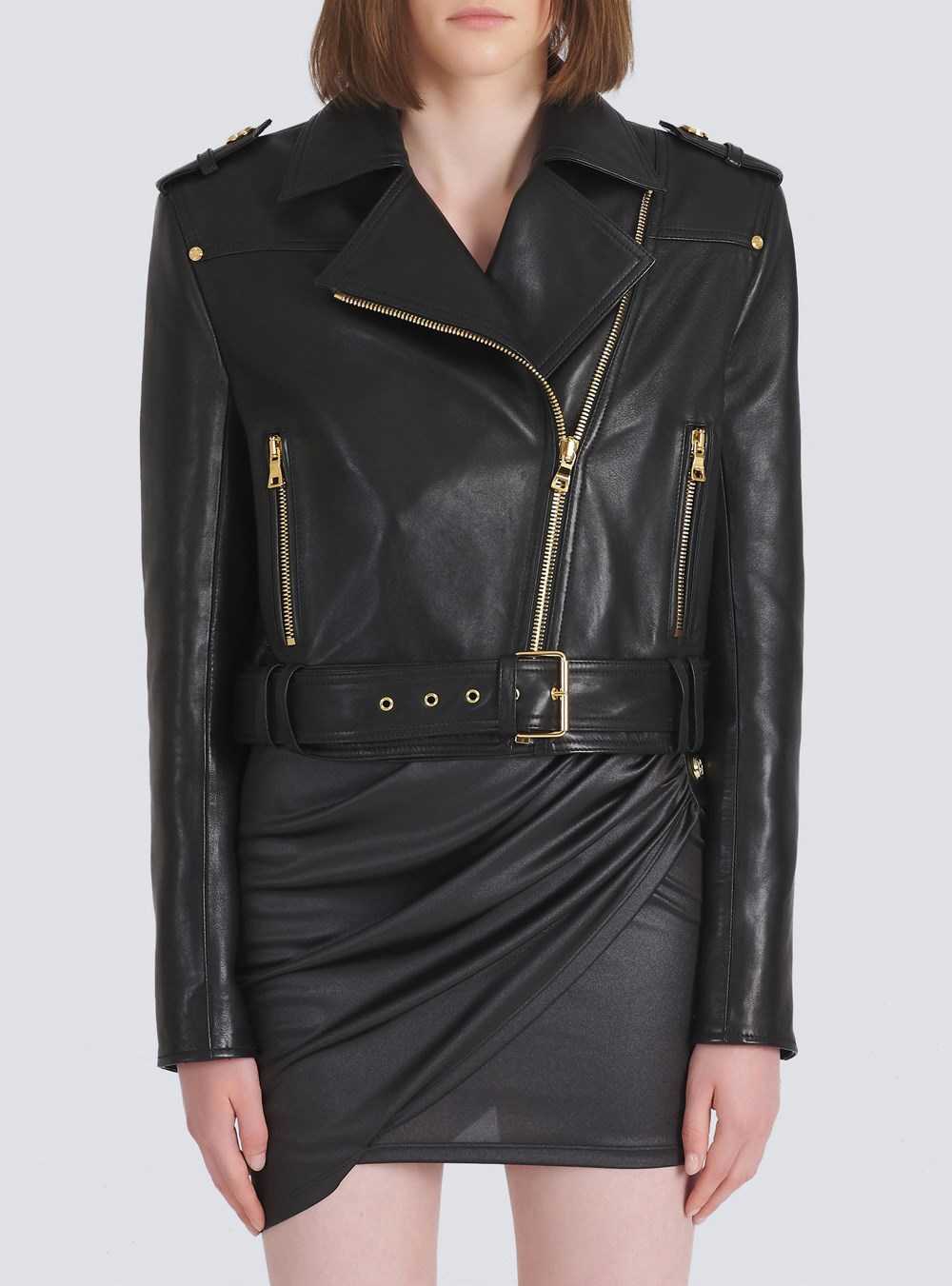 Balmain Cropped Leather Biker Jacket Black | EBCLXZS-49