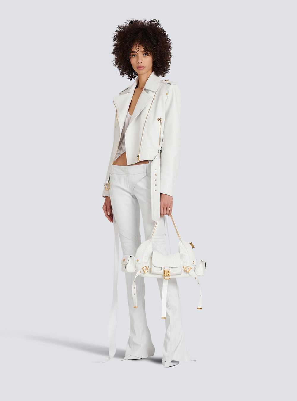 Balmain Cropped Leather Biker Jacket White | UPFBXEY-06