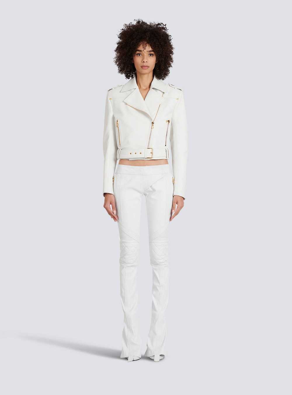 Balmain Cropped Leather Biker Jacket White | UPFBXEY-06