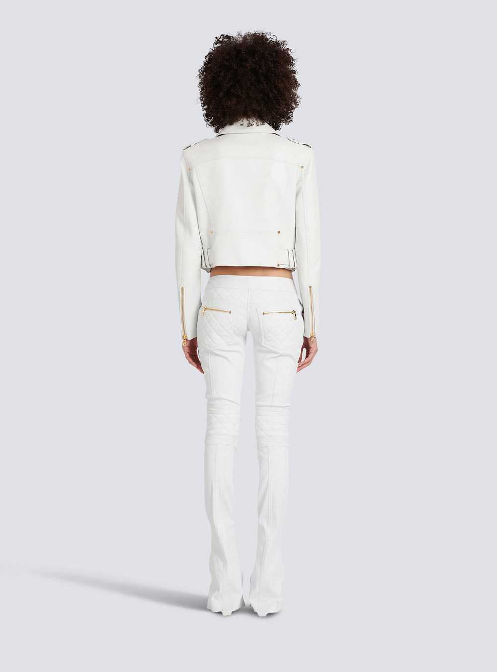 Balmain Cropped Leather Biker Jacket White | UPFBXEY-06