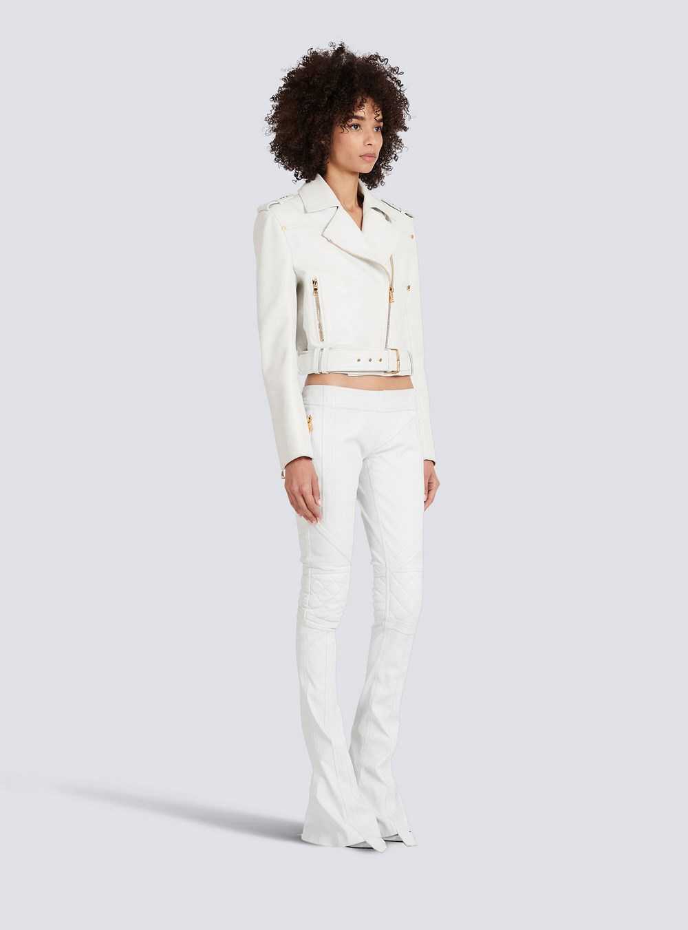 Balmain Cropped Leather Biker Jacket White | UPFBXEY-06