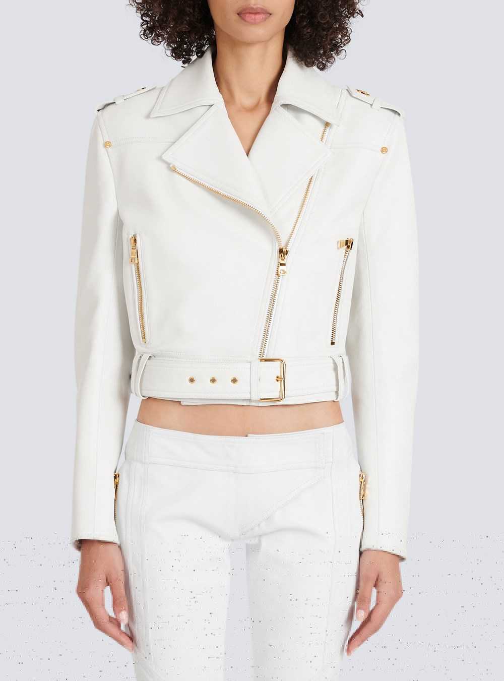 Balmain Cropped Leather Biker Jacket White | UPFBXEY-06