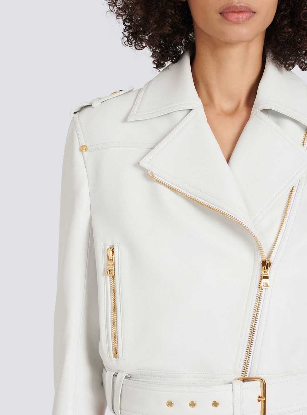 Balmain Cropped Leather Biker Jacket White | UPFBXEY-06