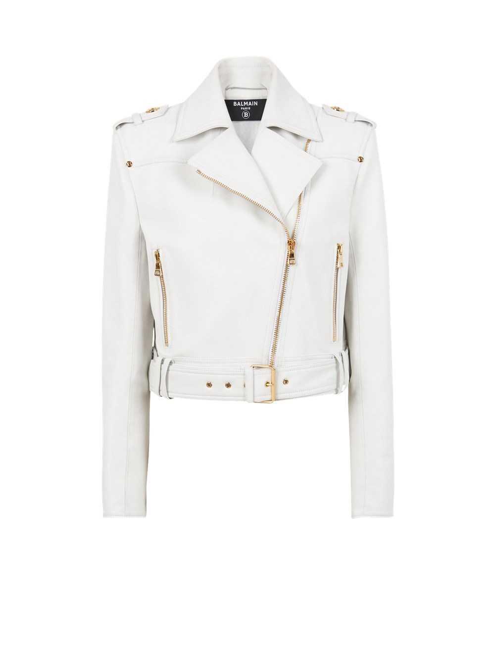 Balmain Cropped Leather Biker Jacket White | UPFBXEY-06