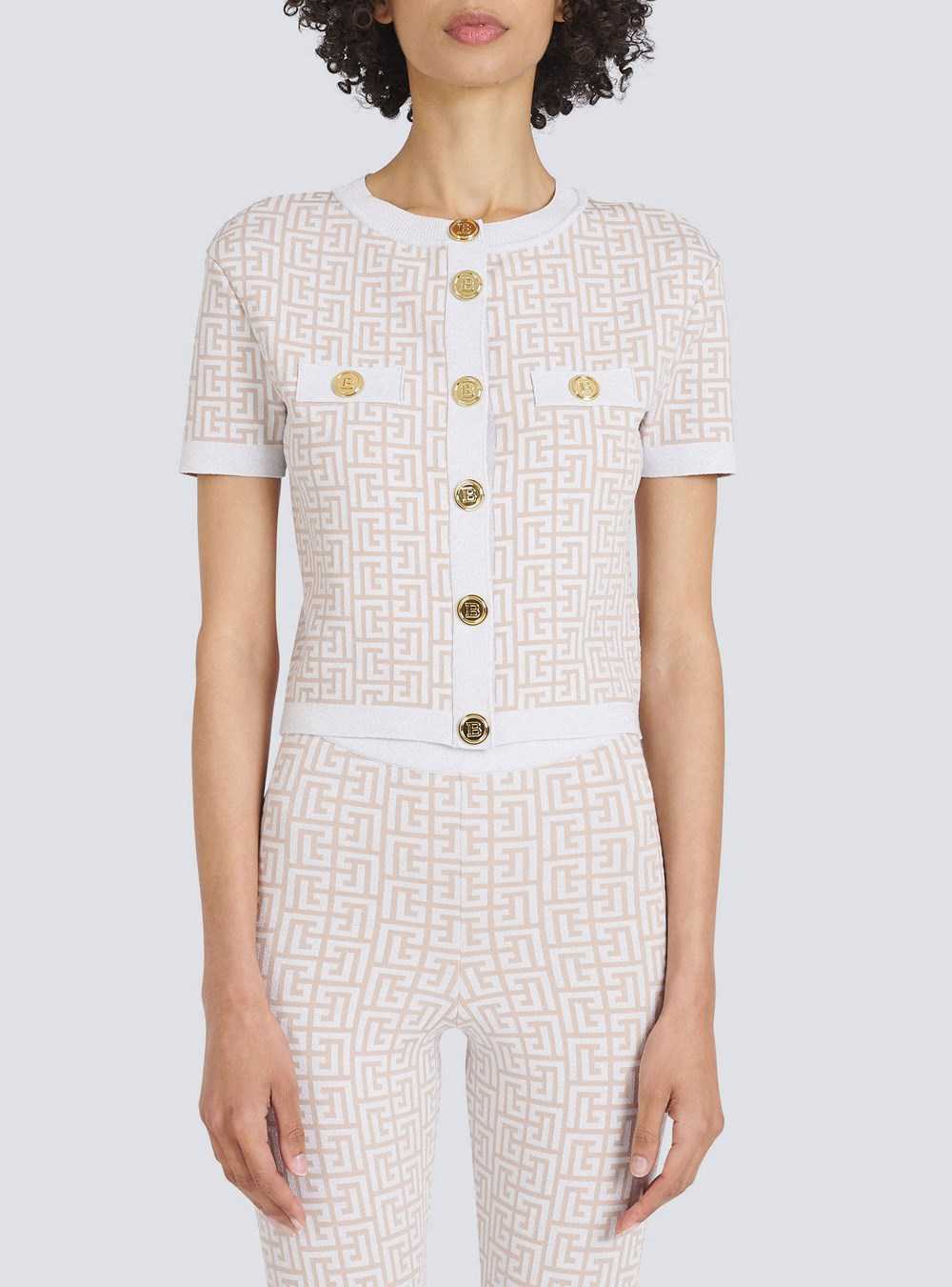 Balmain Cropped Sparkly Knit Cardigan With Balmain Monogram White | EFMIXJT-54