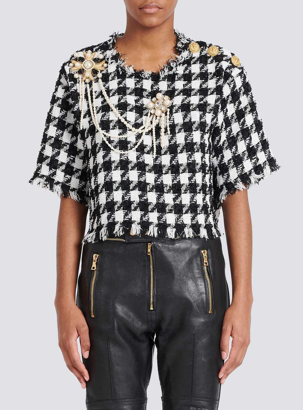 Balmain Cropped Tweed T-shirt With Embroidery Black | RDLOGYP-38