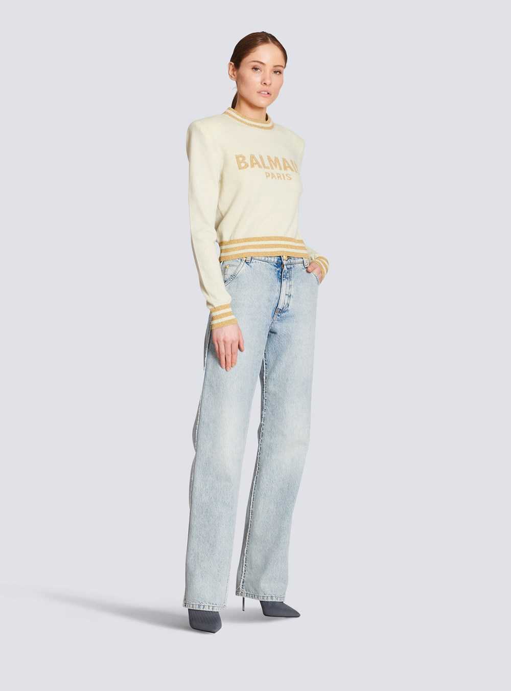 Balmain Cropped Wool Jumper With Balmain Logo Yellow | ZPIBUAS-46