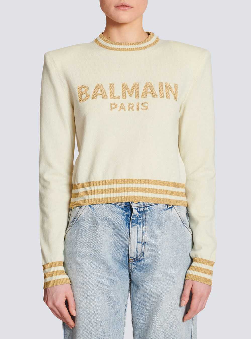 Balmain Cropped Wool Jumper With Balmain Logo Yellow | ZPIBUAS-46