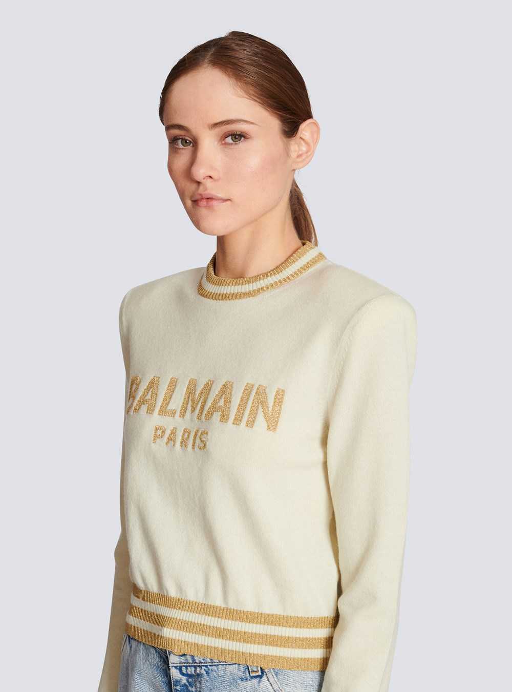 Balmain Cropped Wool Jumper With Balmain Logo Yellow | ZPIBUAS-46