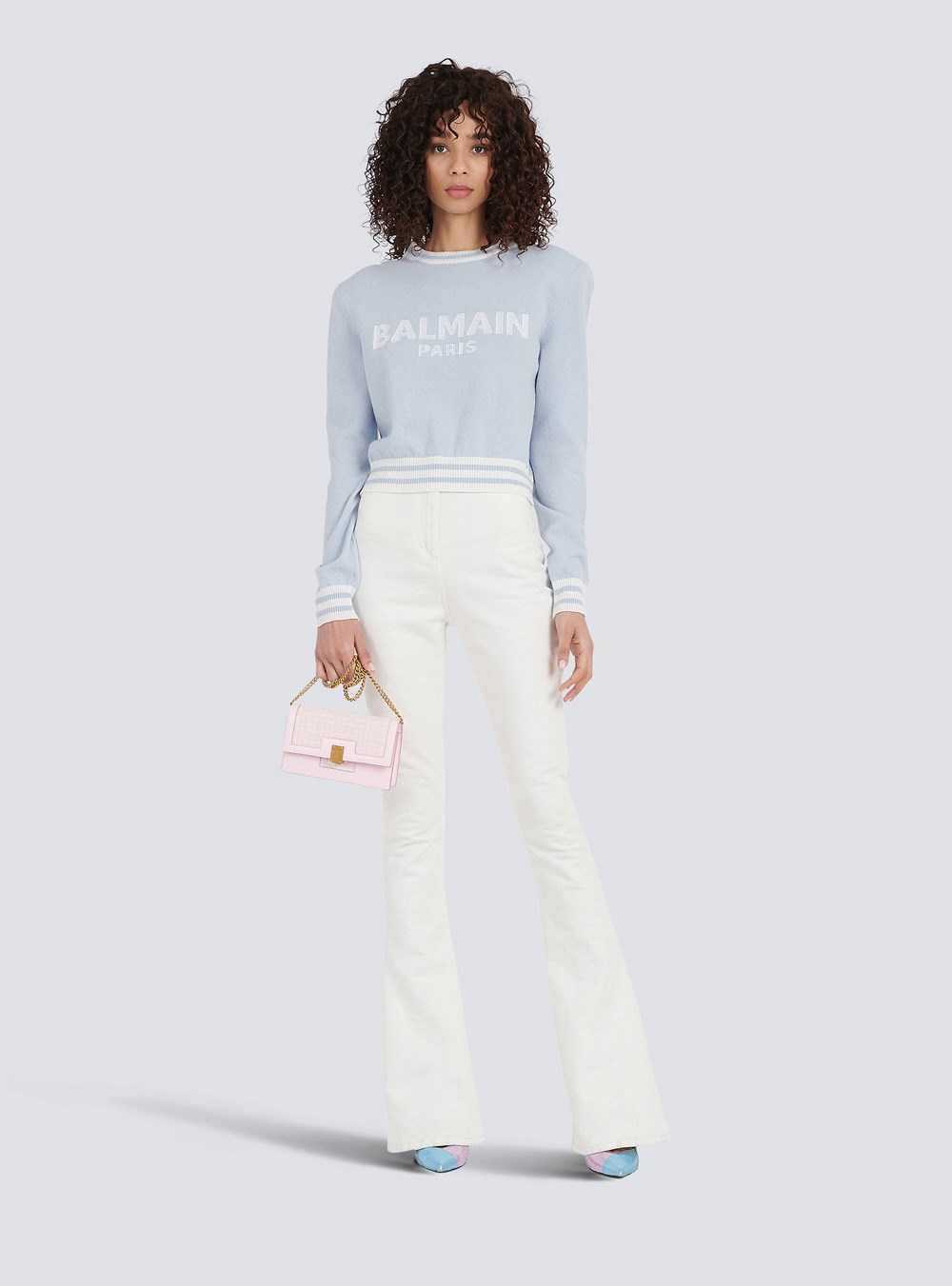 Balmain Cropped Wool Sweatshirt With Balmain Logo Blue | LEGUIJR-17