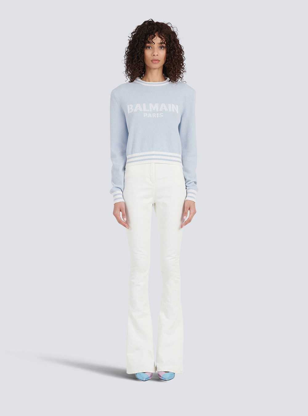 Balmain Cropped Wool Sweatshirt With Balmain Logo Blue | LEGUIJR-17