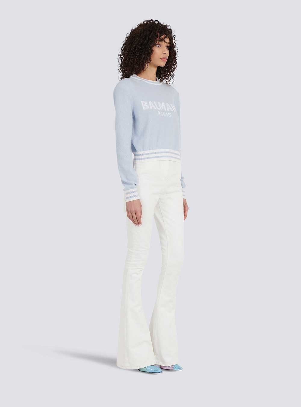 Balmain Cropped Wool Sweatshirt With Balmain Logo Blue | LEGUIJR-17