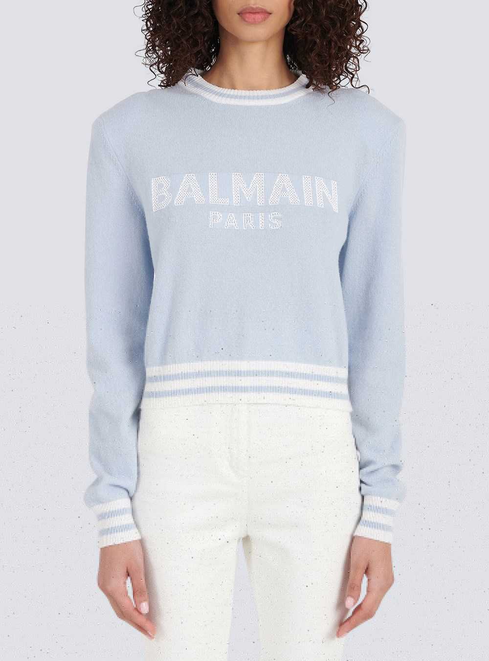 Balmain Cropped Wool Sweatshirt With Balmain Logo Blue | LEGUIJR-17