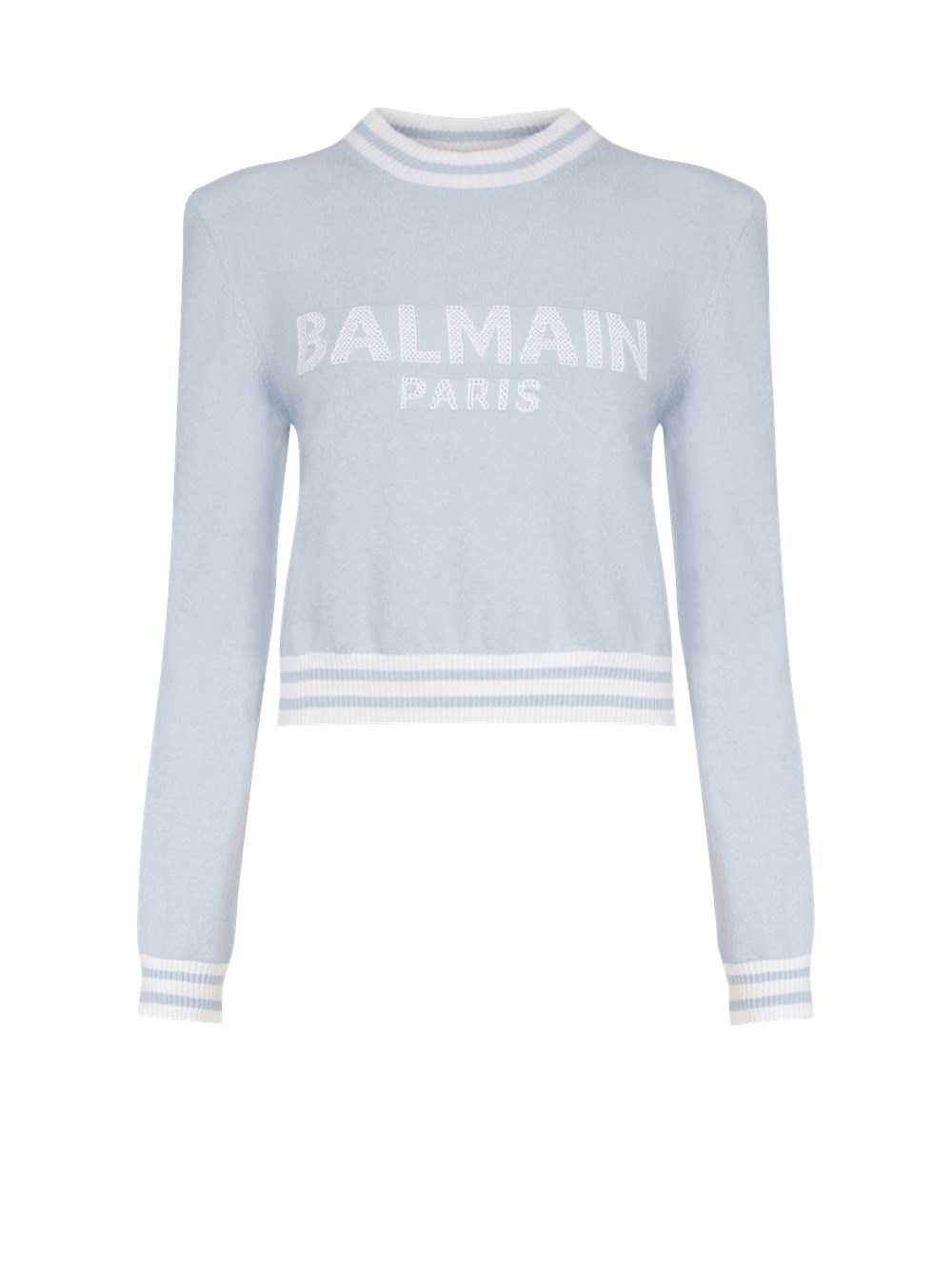 Balmain Cropped Wool Sweatshirt With Balmain Logo Blue | LEGUIJR-17