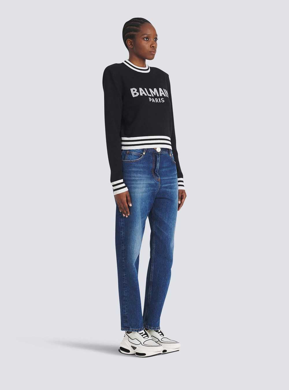 Balmain Cropped Wool Sweatshirt With Balmain Logo Black | OWIPEYK-52