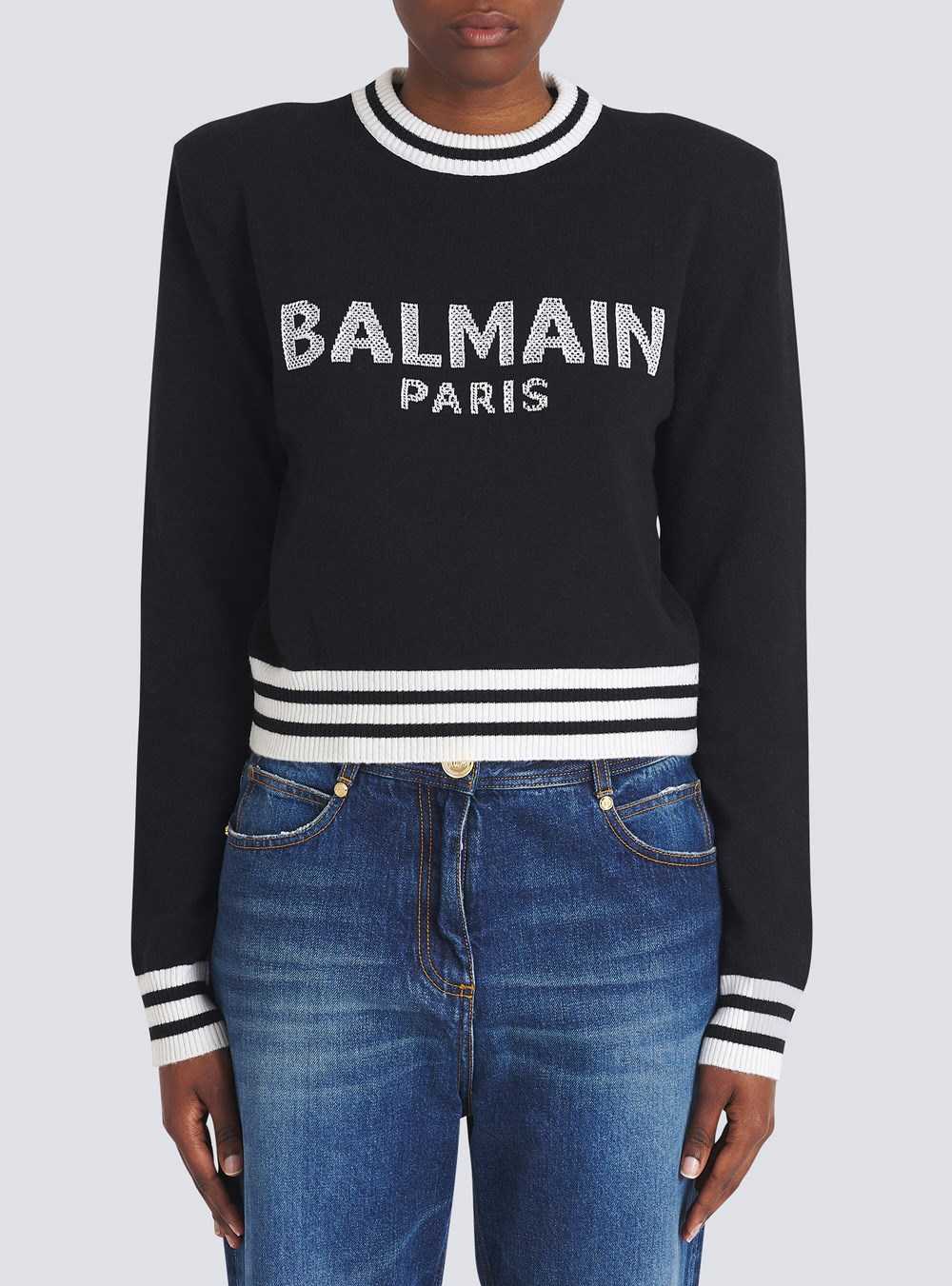 Balmain Cropped Wool Sweatshirt With Balmain Logo Black | OWIPEYK-52