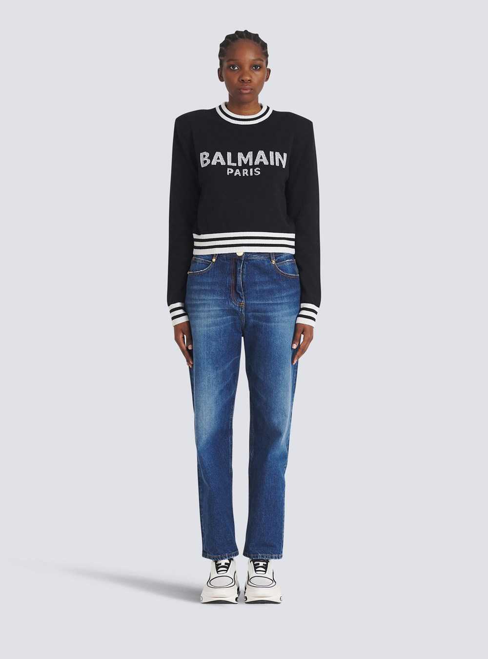 Balmain Cropped Wool Sweatshirt With Balmain Logo Black | OWIPEYK-52