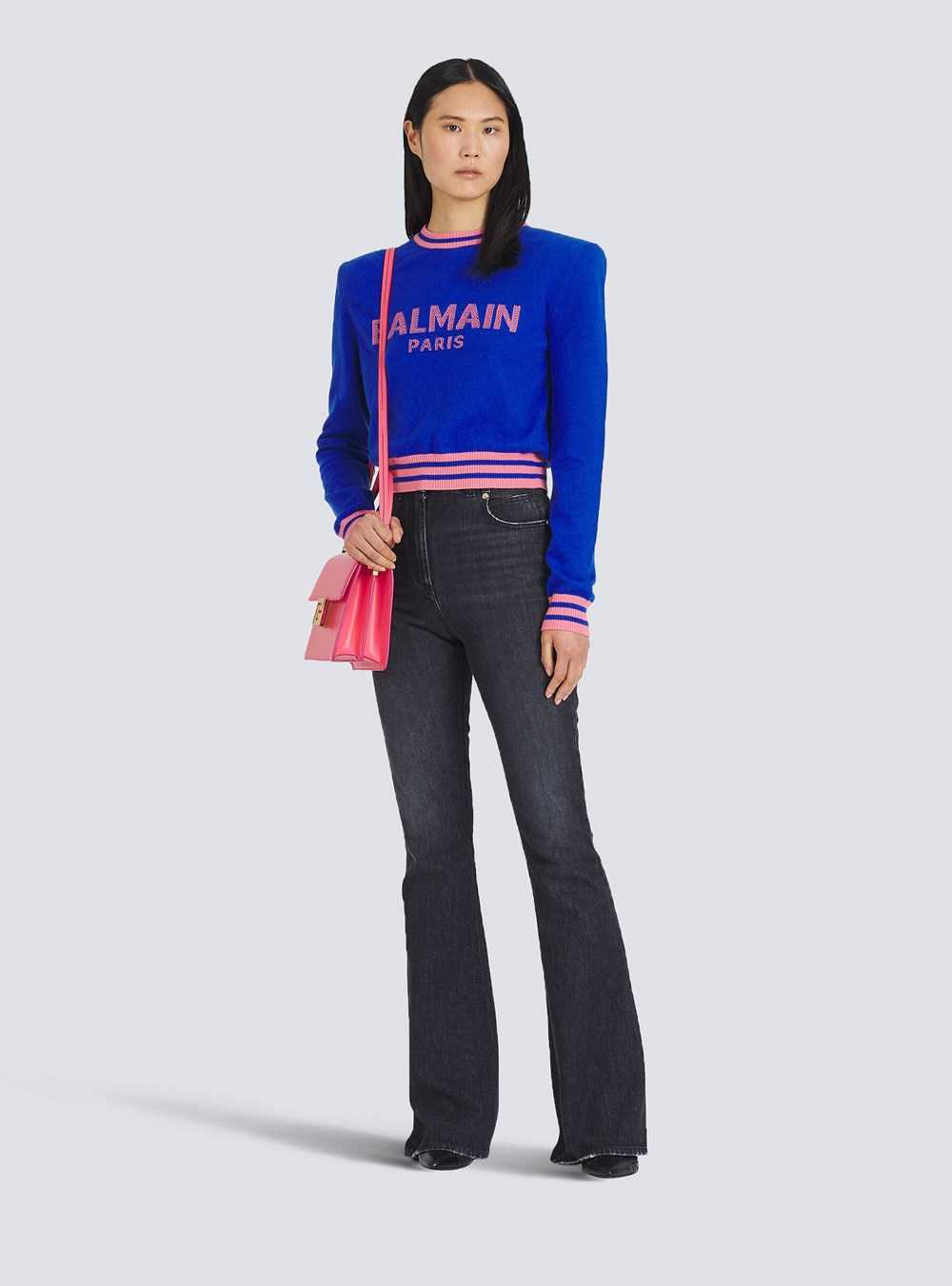 Balmain Cropped Wool Sweatshirt With Balmain Logo Blue | UGKYLOJ-97