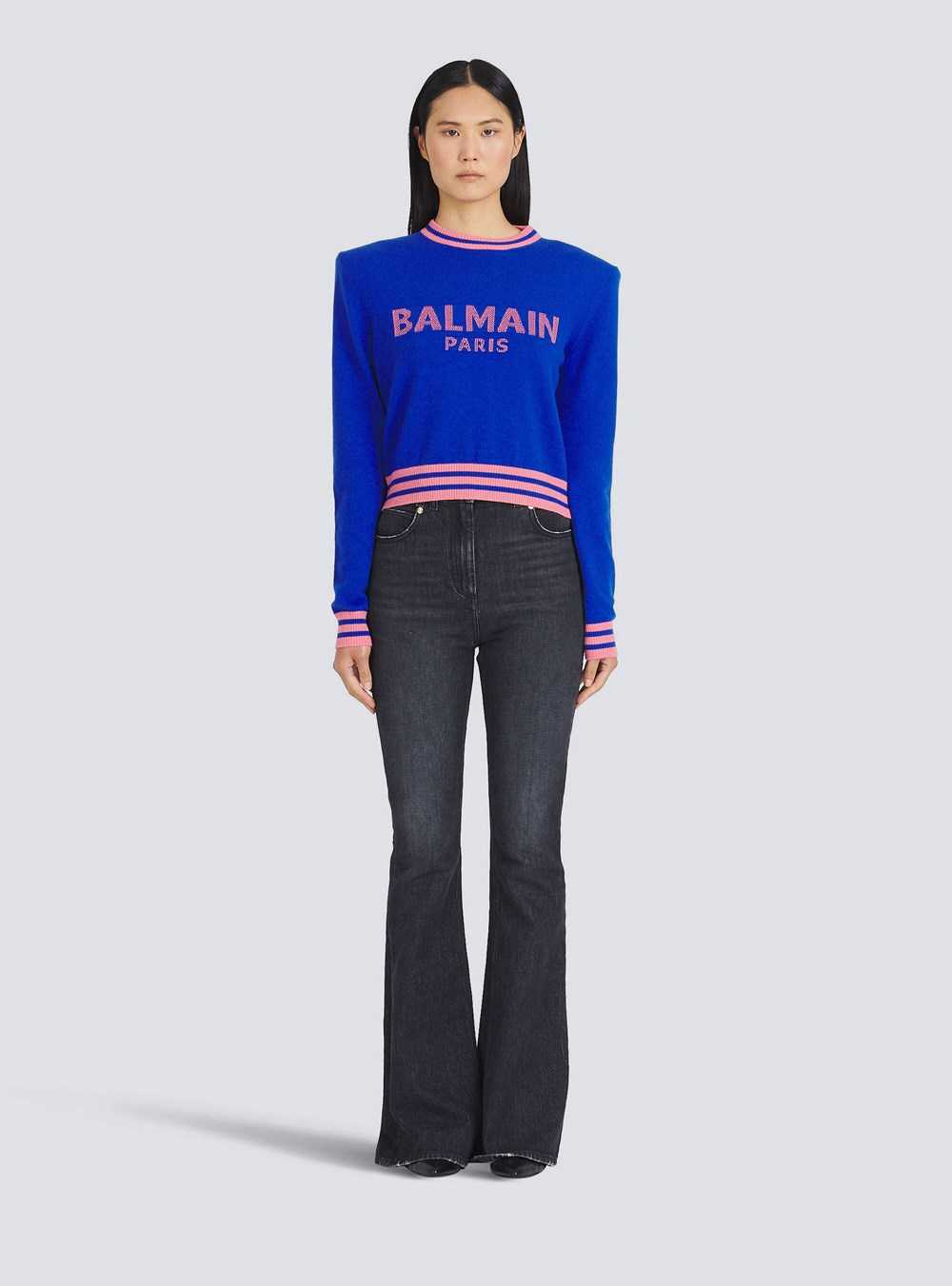 Balmain Cropped Wool Sweatshirt With Balmain Logo Blue | UGKYLOJ-97