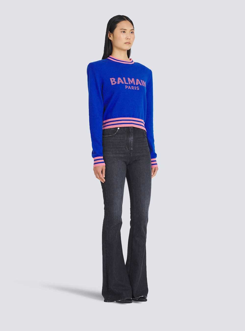 Balmain Cropped Wool Sweatshirt With Balmain Logo Blue | UGKYLOJ-97