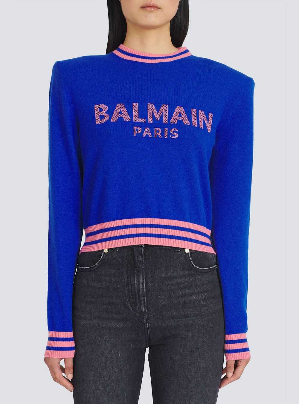 Balmain Cropped Wool Sweatshirt With Balmain Logo Blue | UGKYLOJ-97