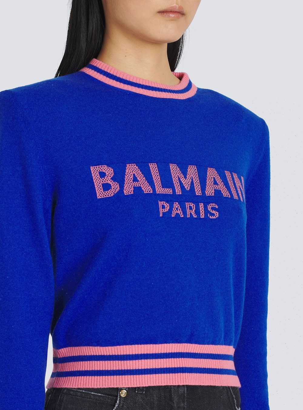 Balmain Cropped Wool Sweatshirt With Balmain Logo Blue | UGKYLOJ-97