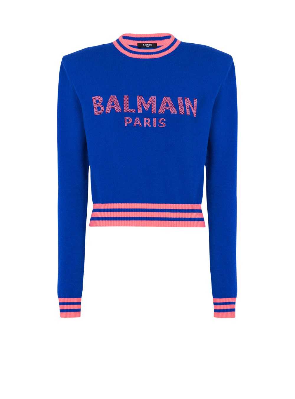 Balmain Cropped Wool Sweatshirt With Balmain Logo Blue | UGKYLOJ-97