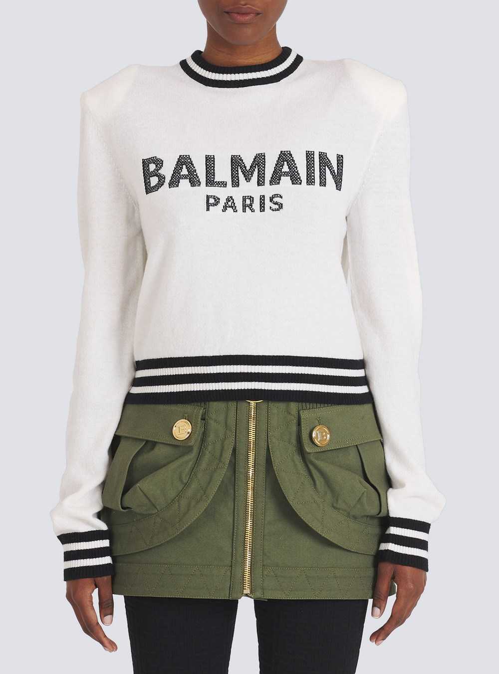 Balmain Cropped Wool Sweatshirt With Balmain Logo White | YHROZJK-76