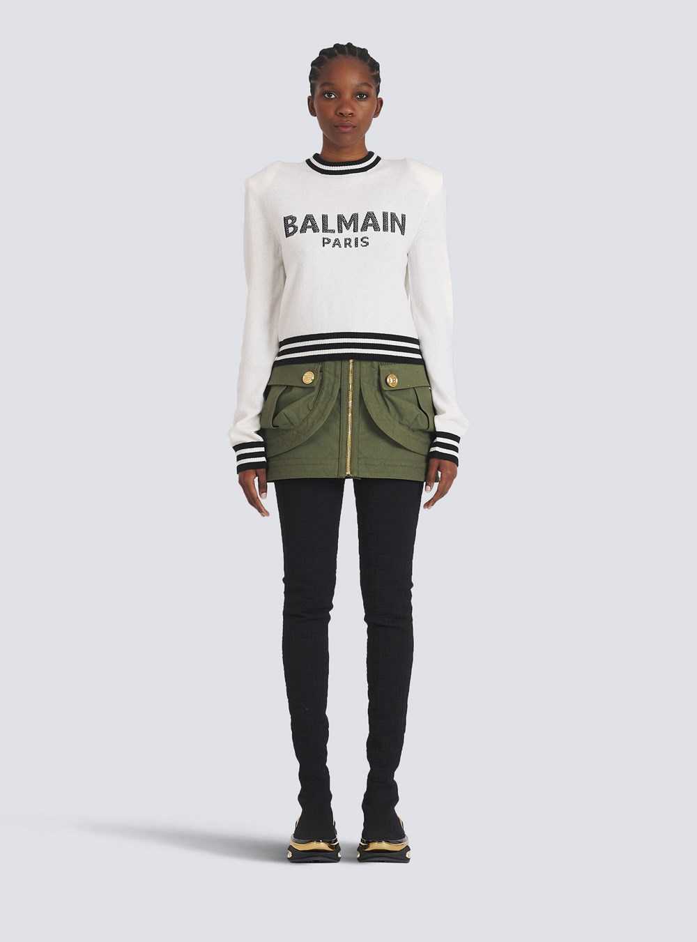 Balmain Cropped Wool Sweatshirt With Balmain Logo White | YHROZJK-76