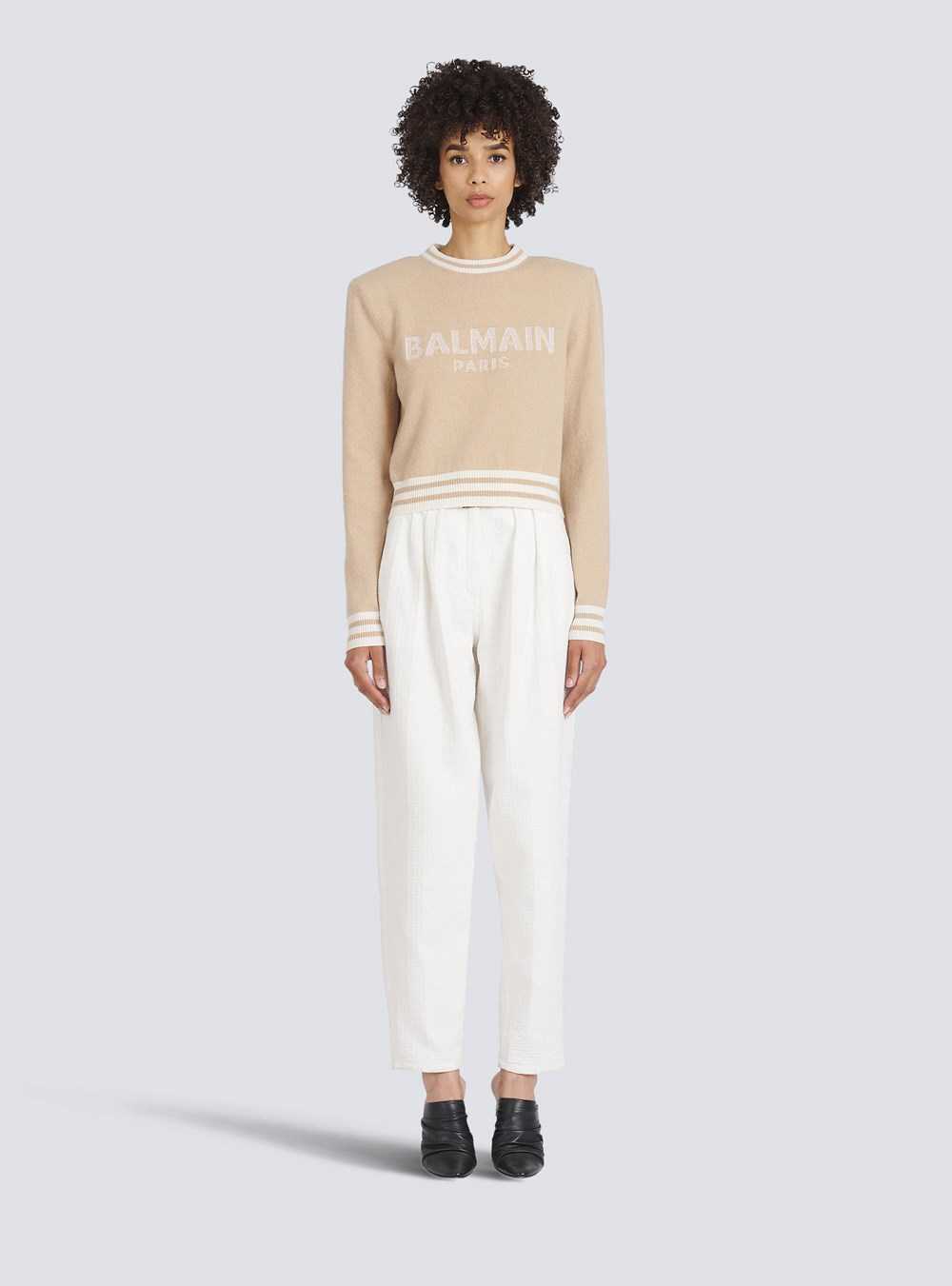 Balmain Cropped Wool Sweatshirt With Balmain Logo Beige | ZRCAXLF-01