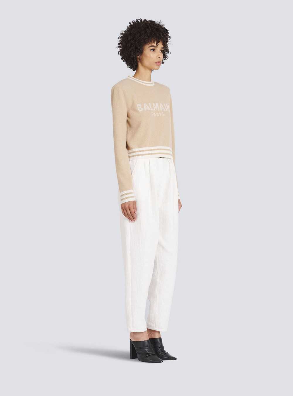 Balmain Cropped Wool Sweatshirt With Balmain Logo Beige | ZRCAXLF-01