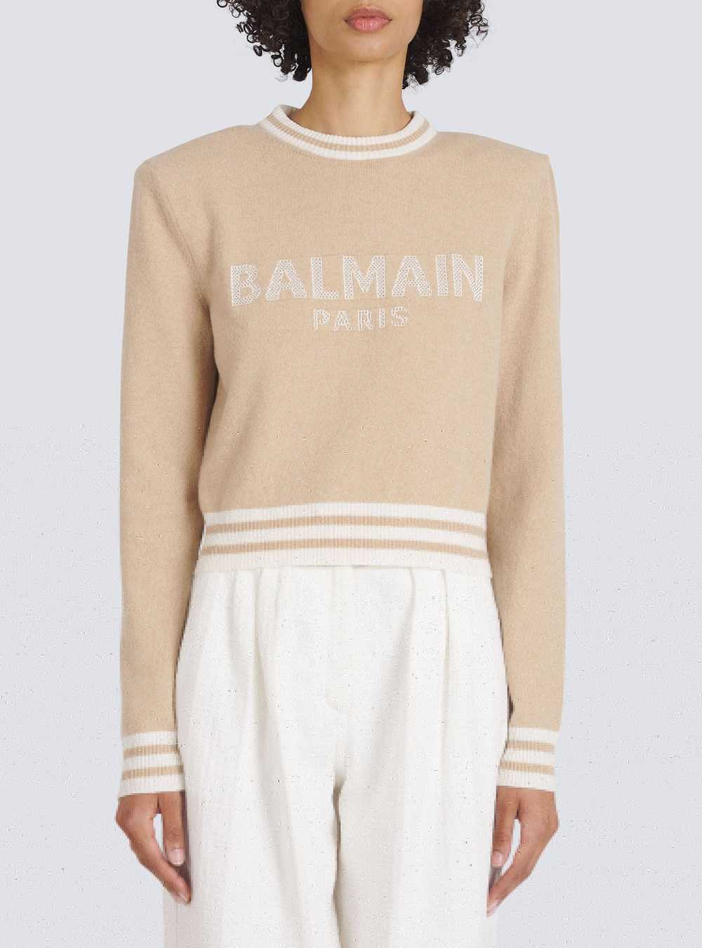 Balmain Cropped Wool Sweatshirt With Balmain Logo Beige | ZRCAXLF-01