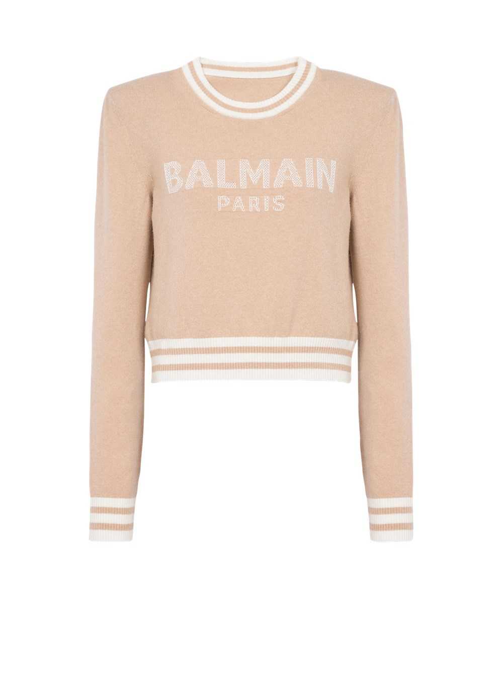 Balmain Cropped Wool Sweatshirt With Balmain Logo Beige | ZRCAXLF-01