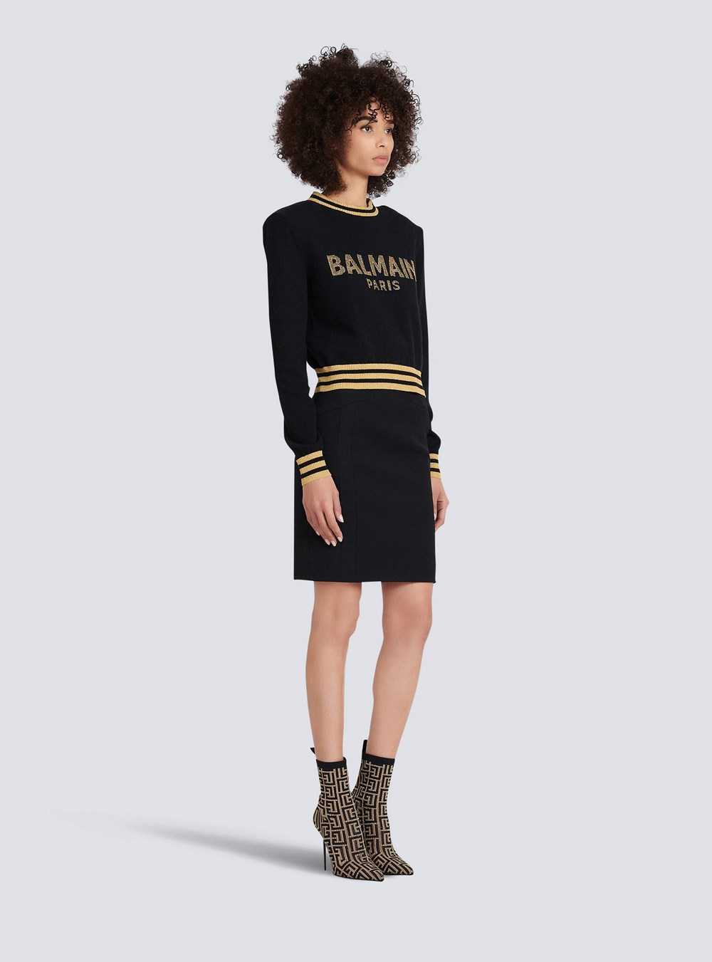 Balmain Cropped Wool Sweatshirt With Gold Balmain Logo Black | BALFINX-02