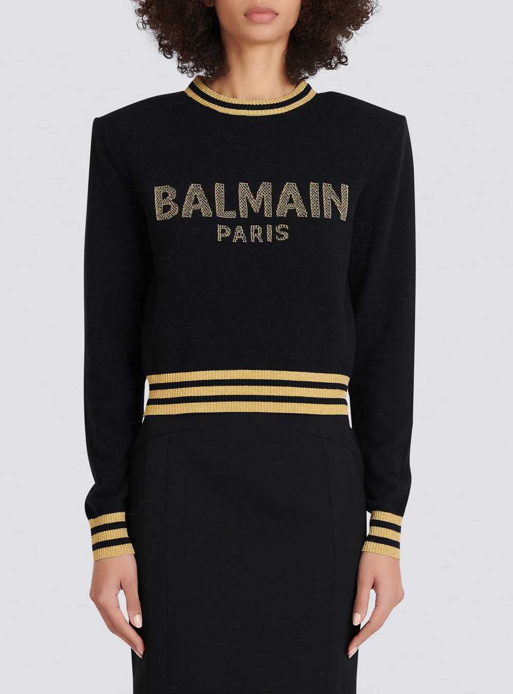 Balmain Cropped Wool Sweatshirt With Gold Balmain Logo Black | BALFINX-02