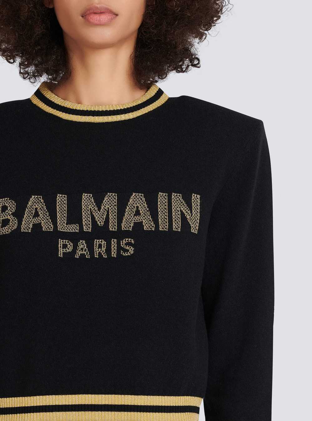 Balmain Cropped Wool Sweatshirt With Gold Balmain Logo Black | BALFINX-02