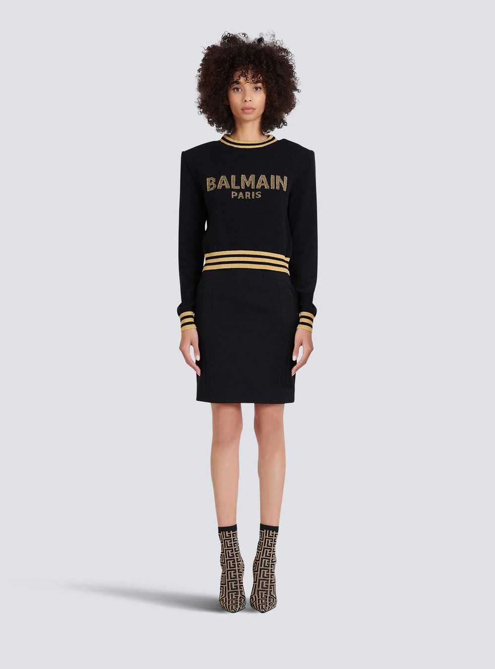 Balmain Cropped Wool Sweatshirt With Gold Balmain Logo Black | BALFINX-02